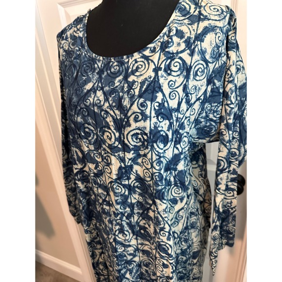 Madame Hall Blue White Batik Scroll Print Midi Dress Long Sleeve Pockets XL - Picture 3 of 10
